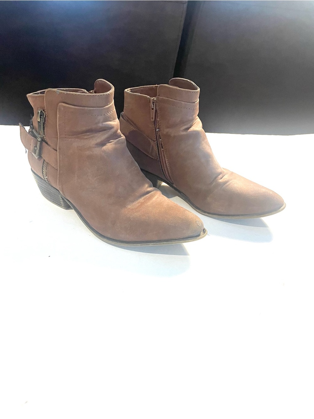 Women's Brown Ankle Booties with Side Zip and Buckle